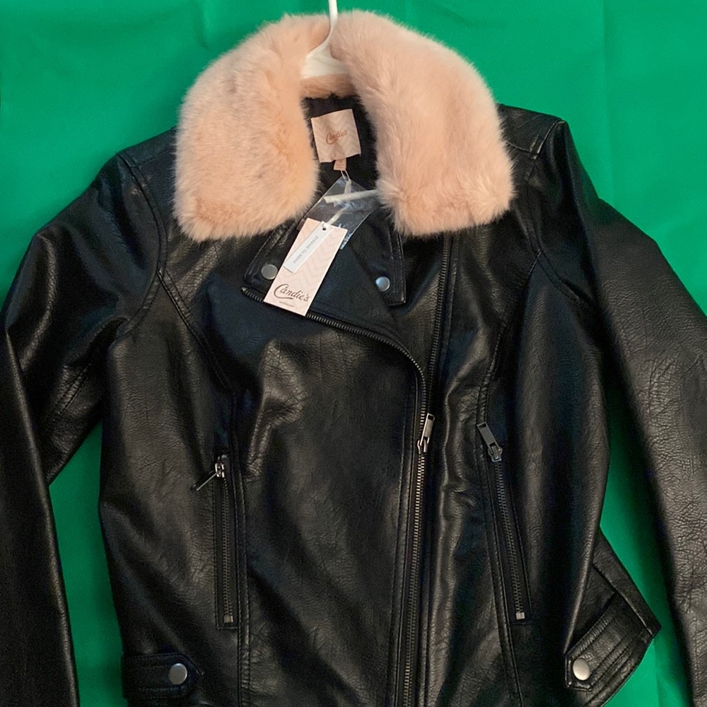Candies Fur Collar Moto Jacket Black and Pink